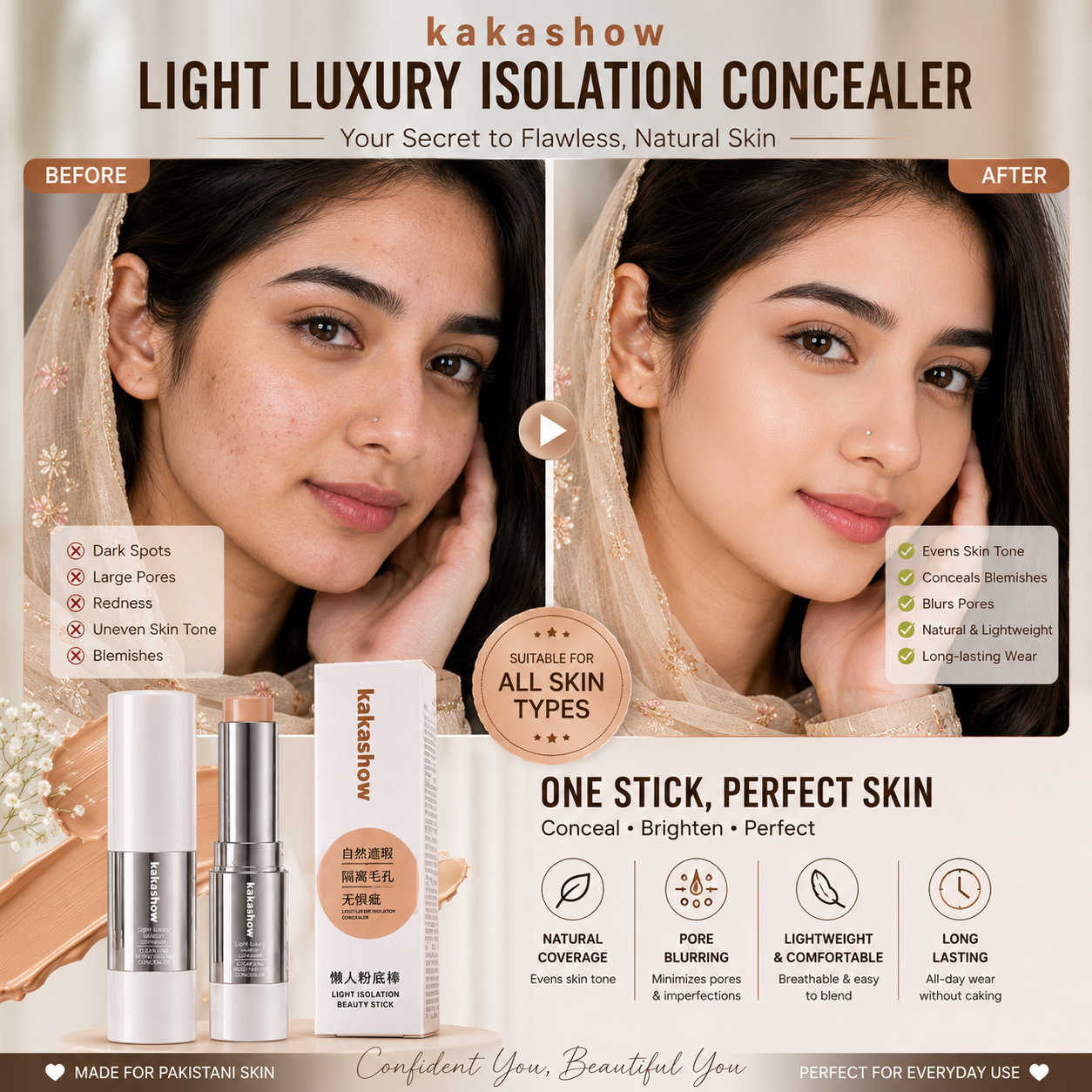 Kakashow Flawless Coverage Concealer Stick | Full Coverage Foundation Stick | Lightweight, Long-Lasting & Natural Finish
